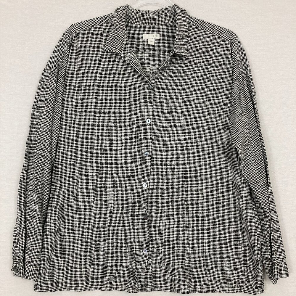J. Jill Black White Micro Polka Dot Soft Rayon Relaxed Button Down Large Preppy
